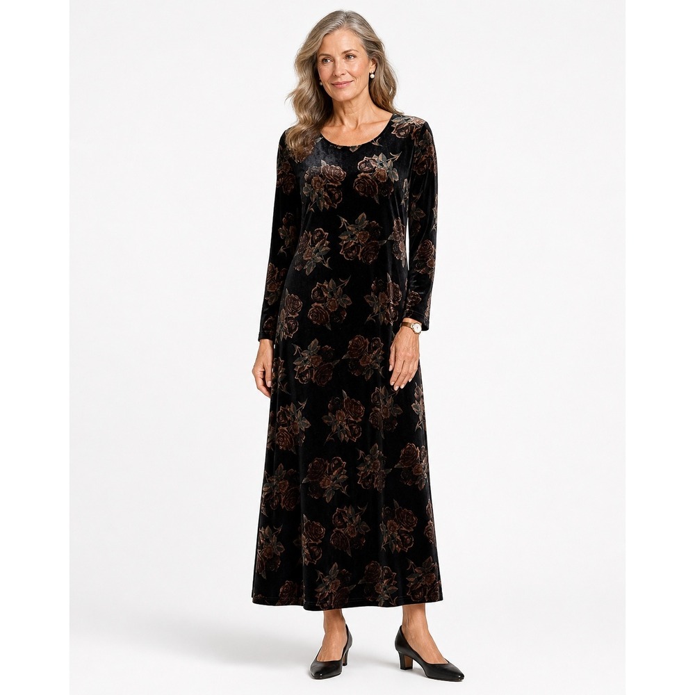 Talbots Vintage 90s Maxi Dress S Black Brown Floral Velour Stretch Fall Classic
